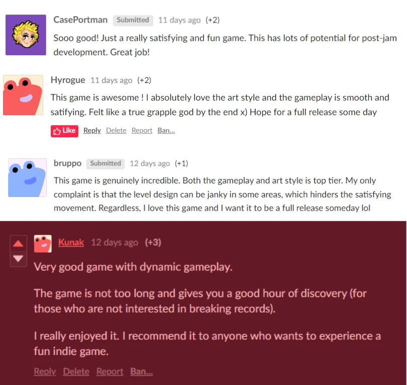 Player comments praising Grapple God's satisfying movement and art, with feedback about rough areas in the level design
