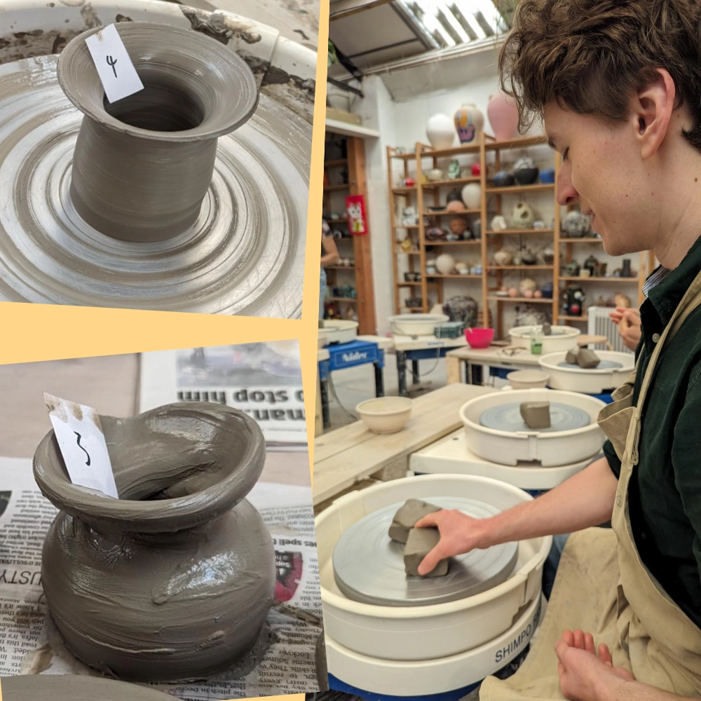 Kam making pottery at a pottery wheel