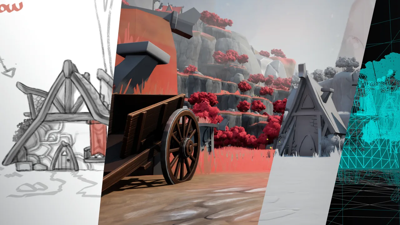 Lumi's environment art shown as a concept sketch, finished scene, and mesh views